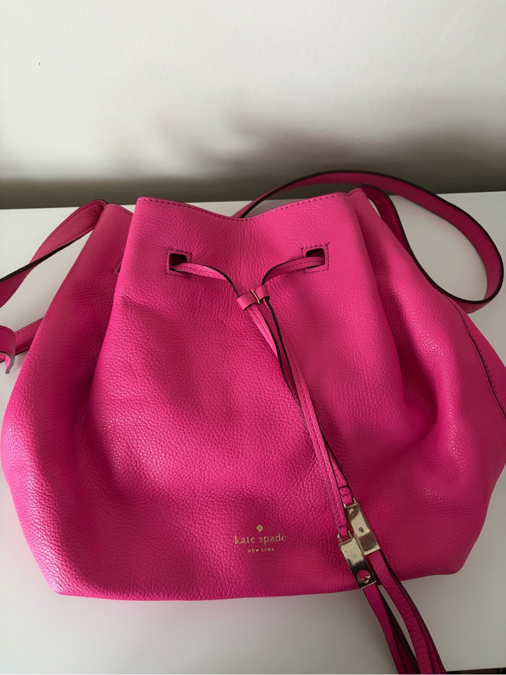kate spade Bright Pink Pebbled Leather Drawstring Shoulder Bag